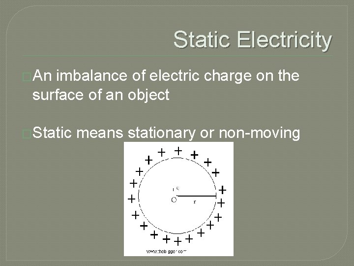 Static Electricity �An imbalance of electric charge on the surface of an object �Static