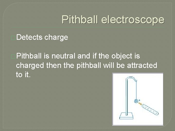 Pithball electroscope �Detects �Pithball charge is neutral and if the object is charged then