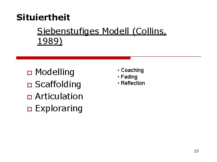 Situiertheit Siebenstufiges Modell (Collins, 1989) o o Modelling Scaffolding Articulation Exploraring • Coaching •