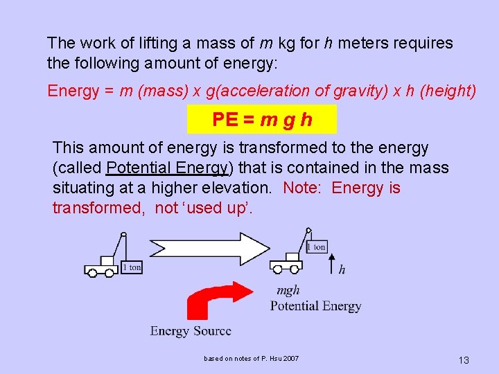 The work of lifting a mass of m kg for h meters requires the