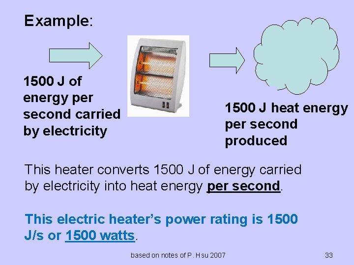 Example: 1500 J of energy per second carried by electricity 1500 J heat energy