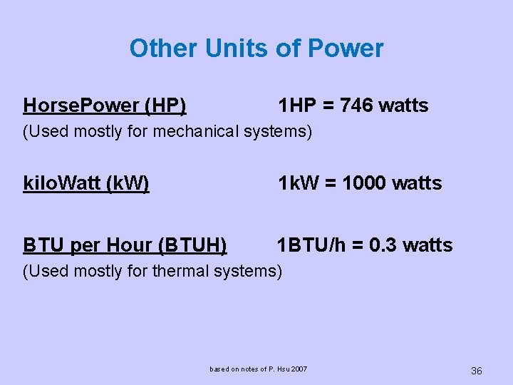 Other Units of Power Horse. Power (HP) 1 HP = 746 watts (Used mostly