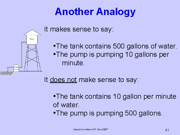 Another Analogy It makes sense to say: • The tank contains 500 gallons of