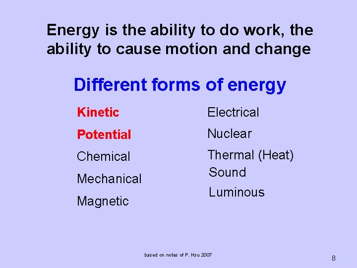 Energy is the ability to do work, the ability to cause motion and change