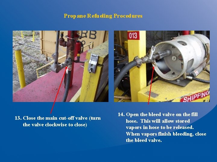 Propane Refueling Procedures 13. Close the main cut-off valve (turn the valve clockwise to