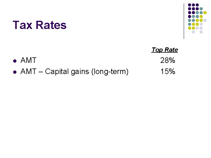 Tax Rates Top Rate l l AMT – Capital gains (long-term) 28% 15% 