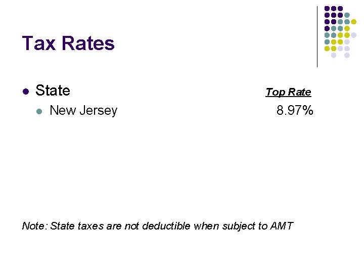 Tax Rates l State l New Jersey Top Rate 8. 97% Note: State taxes