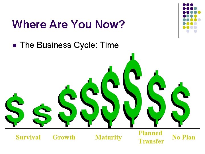 Where Are You Now? l The Business Cycle: Time Survival Growth Maturity Planned Transfer