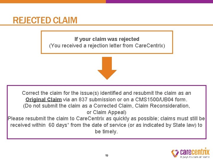 REJECTED CLAIM If your claim was rejected (You received a rejection letter from Care.