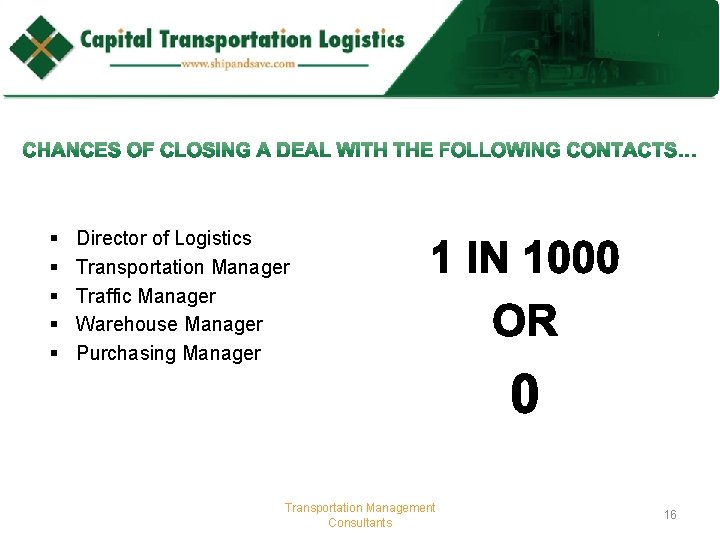 § § § Director of Logistics Transportation Manager Traffic Manager Warehouse Manager Purchasing Manager