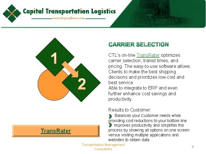 1 2 CTL’s on-line Trans. Rater optimizes carrier selection, transit times, and pricing. The