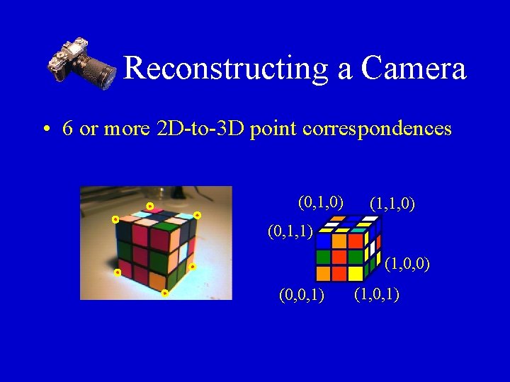 Reconstructing a Camera • 6 or more 2 D-to-3 D point correspondences (0, 1,