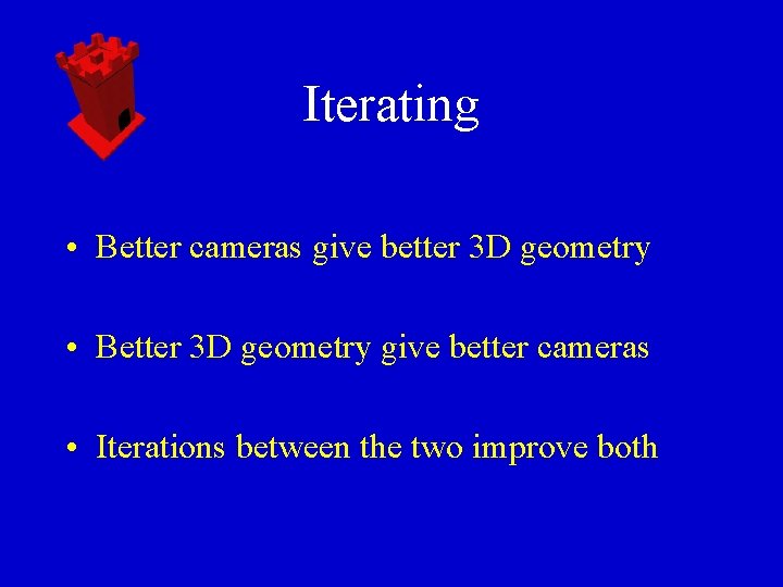 Iterating • Better cameras give better 3 D geometry • Better 3 D geometry