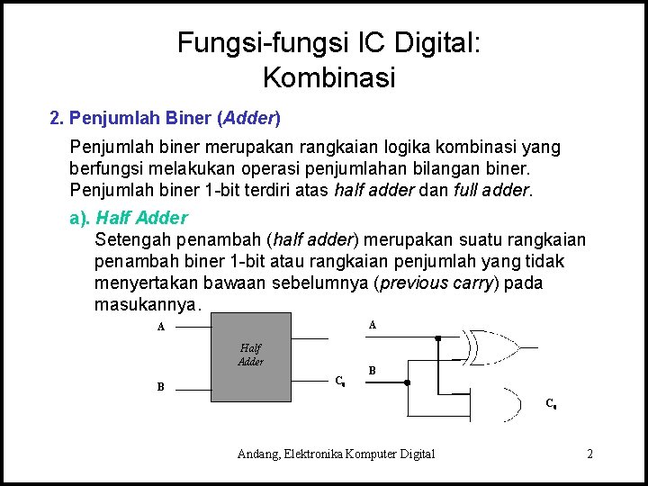 Fungsi-fungsi IC Digital: Kombinasi 2. Penjumlah Biner (Adder) Penjumlah biner merupakan rangkaian logika kombinasi