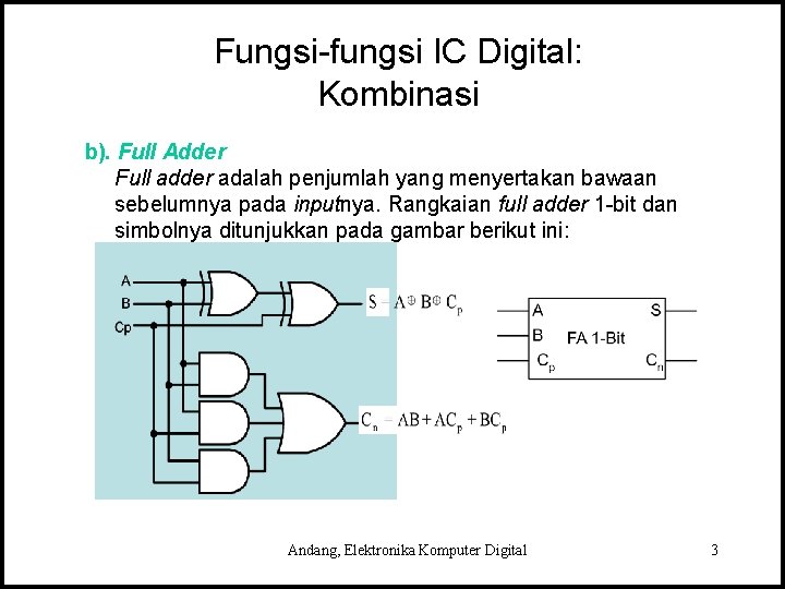 Fungsi-fungsi IC Digital: Kombinasi b). Full Adder Full adder adalah penjumlah yang menyertakan bawaan
