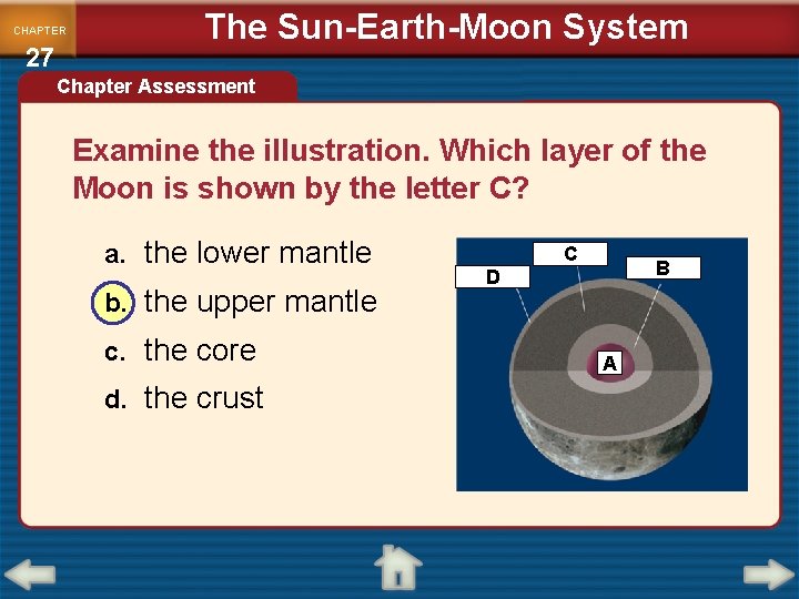 CHAPTER 27 The Sun-Earth-Moon System Chapter Assessment Examine the illustration. Which layer of the