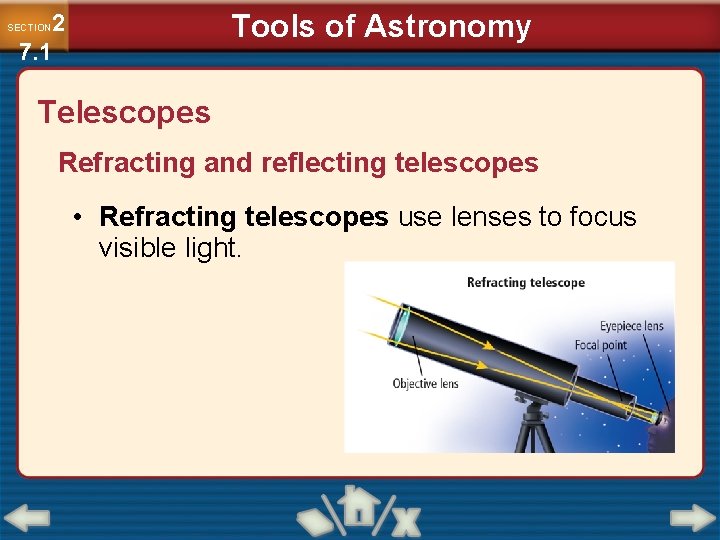 Tools of Astronomy 2 7. 1 SECTION Telescopes Refracting and reflecting telescopes • Refracting