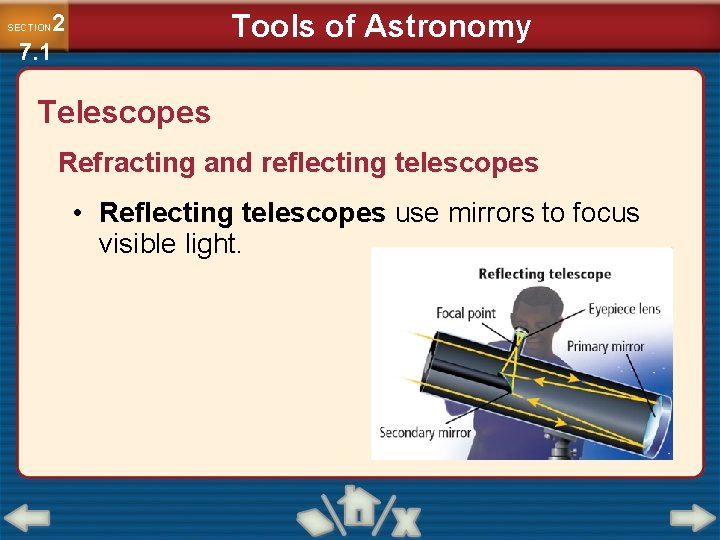 Tools of Astronomy 2 7. 1 SECTION Telescopes Refracting and reflecting telescopes • Reflecting