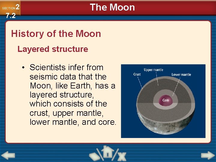 The Moon 2 7. 2 SECTION History of the Moon Layered structure • Scientists
