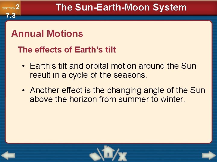 2 7. 3 SECTION The Sun-Earth-Moon System Annual Motions The effects of Earth’s tilt