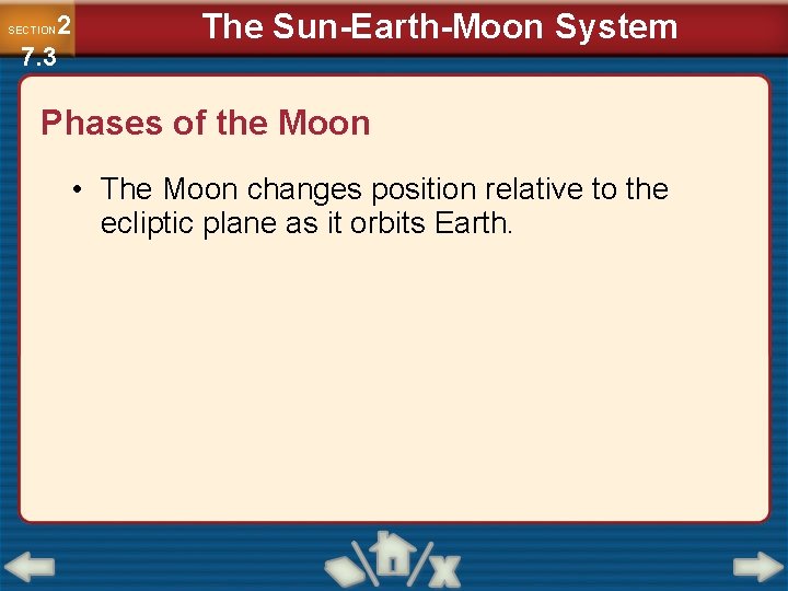 2 7. 3 SECTION The Sun-Earth-Moon System Phases of the Moon • The Moon