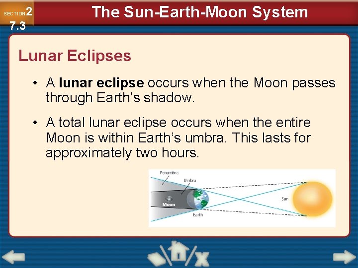 2 7. 3 SECTION The Sun-Earth-Moon System Lunar Eclipses • A lunar eclipse occurs