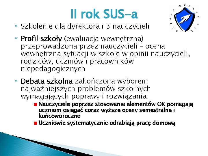 II rok SUS-a Szkolenie dla dyrektora i 3 nauczycieli Profil szkoły (ewaluacja wewnętrzna) przeprowadzona