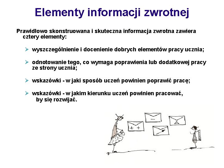 Elementy informacji zwrotnej Prawidłowo skonstruowana i skuteczna informacja zwrotna zawiera cztery elementy: Ø wyszczególnienie