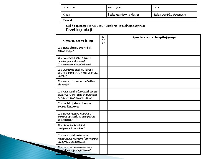 przedmiot nauczyciel data Klasa liczba uczniów w klasie: liczba uczniów obecnych: Temat: Cel hospitacji