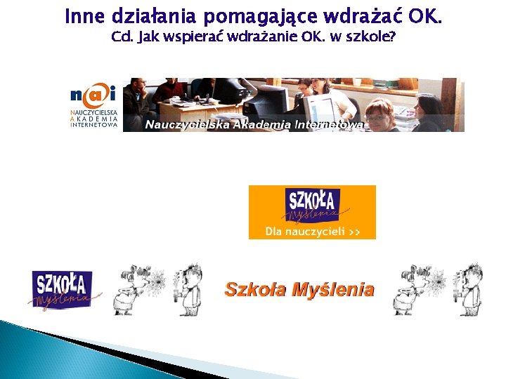 Inne działania pomagające wdrażać OK. Cd. Jak wspierać wdrażanie OK. w szkole? 