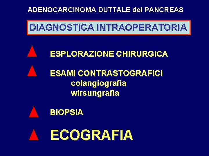 ADENOCARCINOMA DUTTALE del PANCREAS DIAGNOSTICA INTRAOPERATORIA ESPLORAZIONE CHIRURGICA ESAMI CONTRASTOGRAFICI colangiografia wirsungrafia BIOPSIA ECOGRAFIA