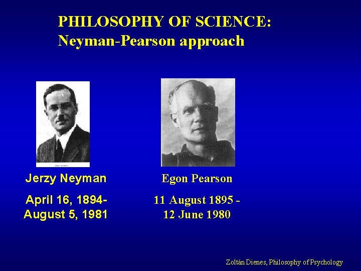 PHILOSOPHY OF SCIENCE: Neyman-Pearson approach Jerzy Neyman Egon Pearson April 16, 1894 August 5,