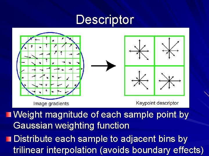 Descriptor Weight magnitude of each sample point by Gaussian weighting function Distribute each sample Descriptor Weight magnitude of each sample point by Gaussian weighting function Distribute each sample
