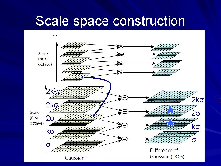 Scale space construction 2 k 2σ 2 kσ 2σ kσ σ Scale space construction 2 k 2σ 2 kσ 2σ kσ σ
