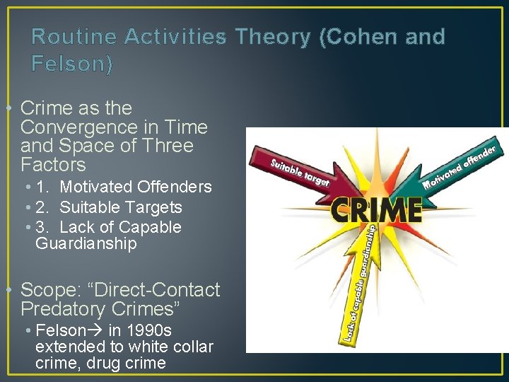 Routine Activities Theory (Cohen and Felson) • Crime as the Convergence in Time and