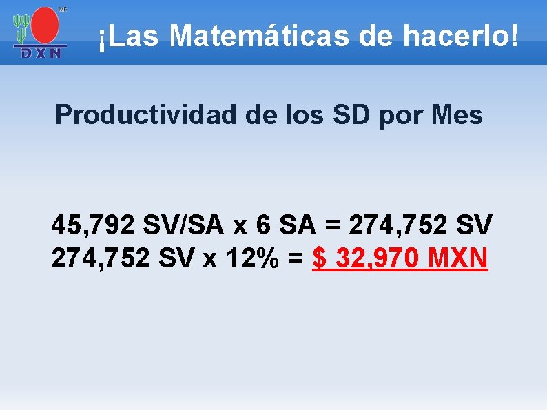 ¡Las Matemáticas de hacerlo! Productividad de los SD por Mes 45, 792 SV/SA x