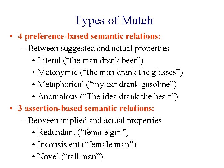 Types of Match • 4 preference-based semantic relations: – Between suggested and actual properties