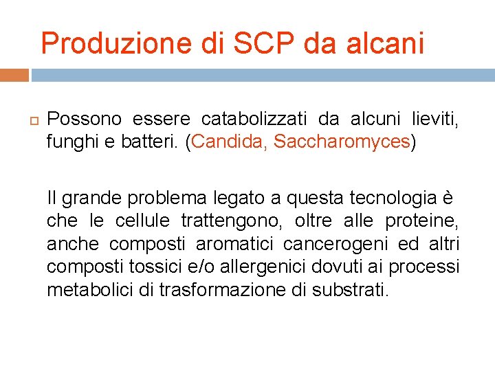 Produzione di SCP da alcani Possono essere catabolizzati da alcuni lieviti, funghi e batteri.