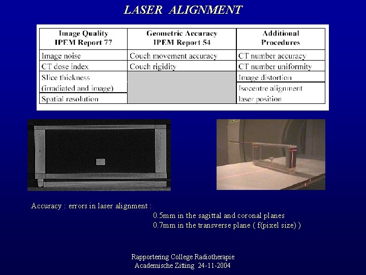 LASER ALIGNMENT Accuracy : errors in laser alignment : 0. 5 mm in the