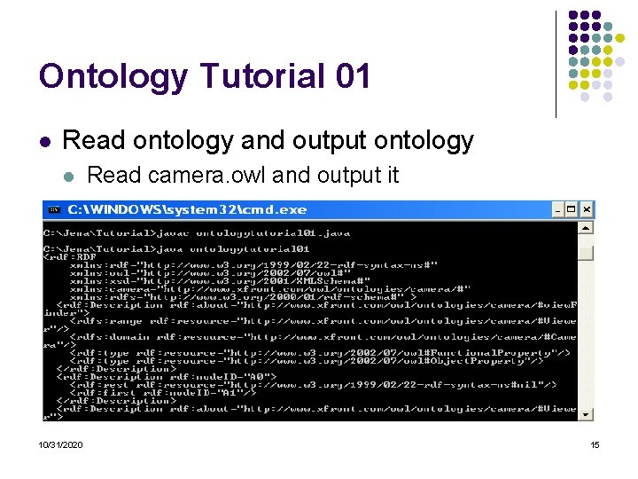 Ontology Tutorial 01 l Read ontology and output ontology l 10/31/2020 Read camera. owl Ontology Tutorial 01 l Read ontology and output ontology l 10/31/2020 Read camera. owl