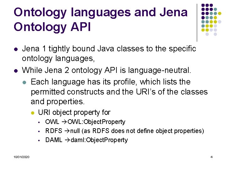 Ontology languages and Jena Ontology API l l Jena 1 tightly bound Java classes Ontology languages and Jena Ontology API l l Jena 1 tightly bound Java classes
