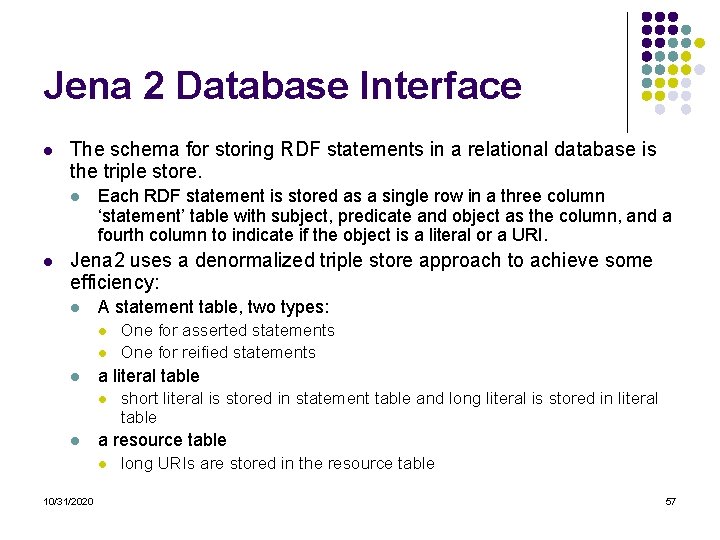 Jena 2 Database Interface l The schema for storing RDF statements in a relational Jena 2 Database Interface l The schema for storing RDF statements in a relational