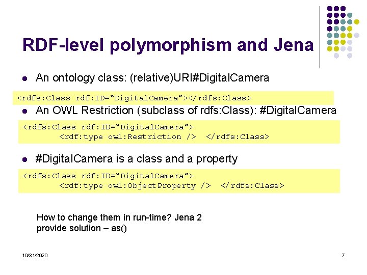 RDF-level polymorphism and Jena l An ontology class: (relative)URI#Digital. Camera <rdfs: Class rdf: ID=“Digital. RDF-level polymorphism and Jena l An ontology class: (relative)URI#Digital. Camera <rdfs: Class rdf: ID=“Digital.