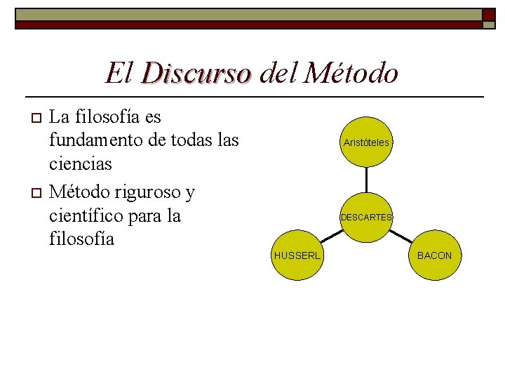 El Discurso del Método o o La filosofía es fundamento de todas las ciencias