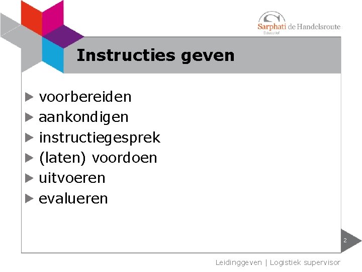 Instructies geven voorbereiden aankondigen instructiegesprek (laten) voordoen uitvoeren evalueren 2 Leidinggeven | Logistiek supervisor