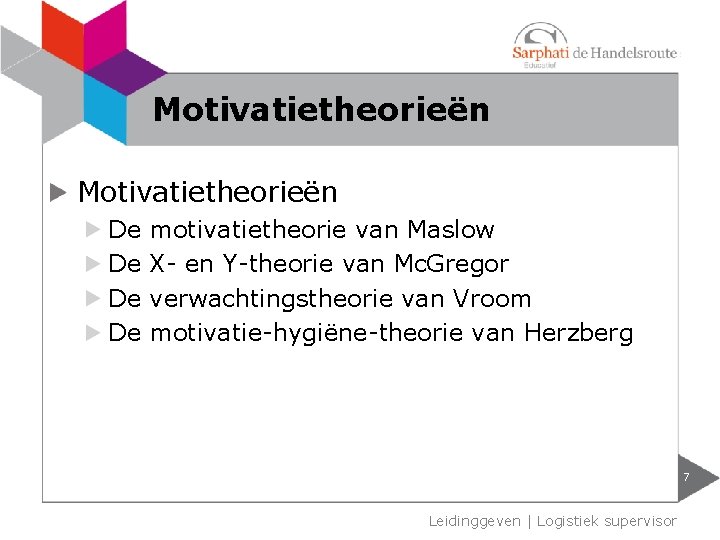 Motivatietheorieën De De motivatietheorie van Maslow X- en Y-theorie van Mc. Gregor verwachtingstheorie van