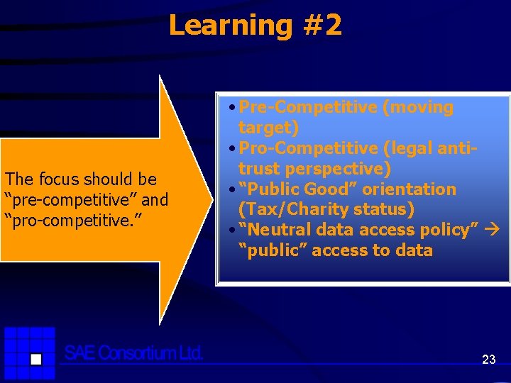 Learning #2 The focus should be “pre-competitive” and “pro-competitive. ” • Pre-Competitive (moving target)