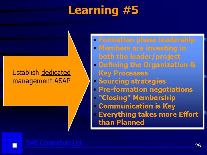 Learning #5 Establish dedicated management ASAP • Formation phase leadership • Members are investing
