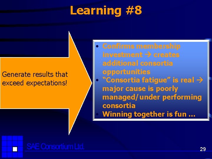 Learning #8 Generate results that exceed expectations! • Confirms membership investment creates additional consortia