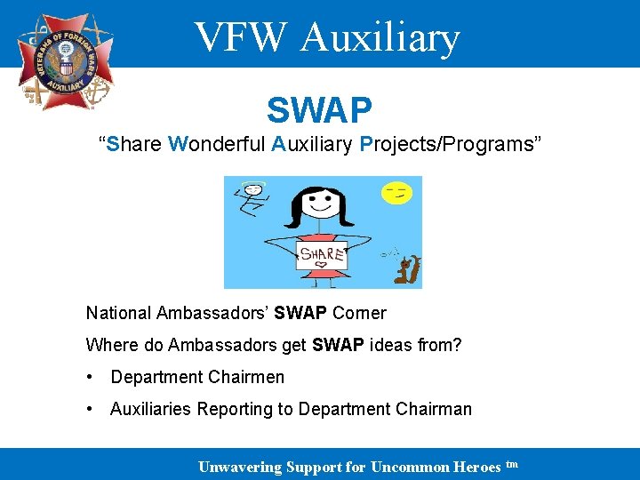 VFW Auxiliary SWAP “Share Wonderful Auxiliary Projects/Programs” National Ambassadors’ SWAP Corner Where do Ambassadors
